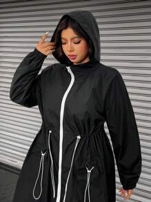 SHEIN EZwear Plus Size Casual Drawstring Waist Hooded Jacket, Spring/Autumn,Winter Black And White Anti Splash Water Medium Long Thin Jacket Fall - Black - View 5