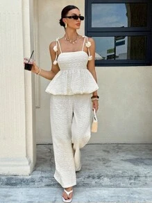 Siren Gaze 优雅3D压花吊带背心+直筒裤套装 - 杏色 - 查看 3