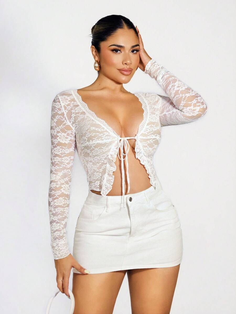 Sirith Retro Chic  Women's Sexy Sheer Lace Ruffle Trim Jacket With Tie Straps Fall Winter Cloth For Women - White - View 1