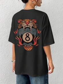 INAWLY 大码女式休闲动物印花宽松圆领落肩T恤 - 黑色 - 查看 3