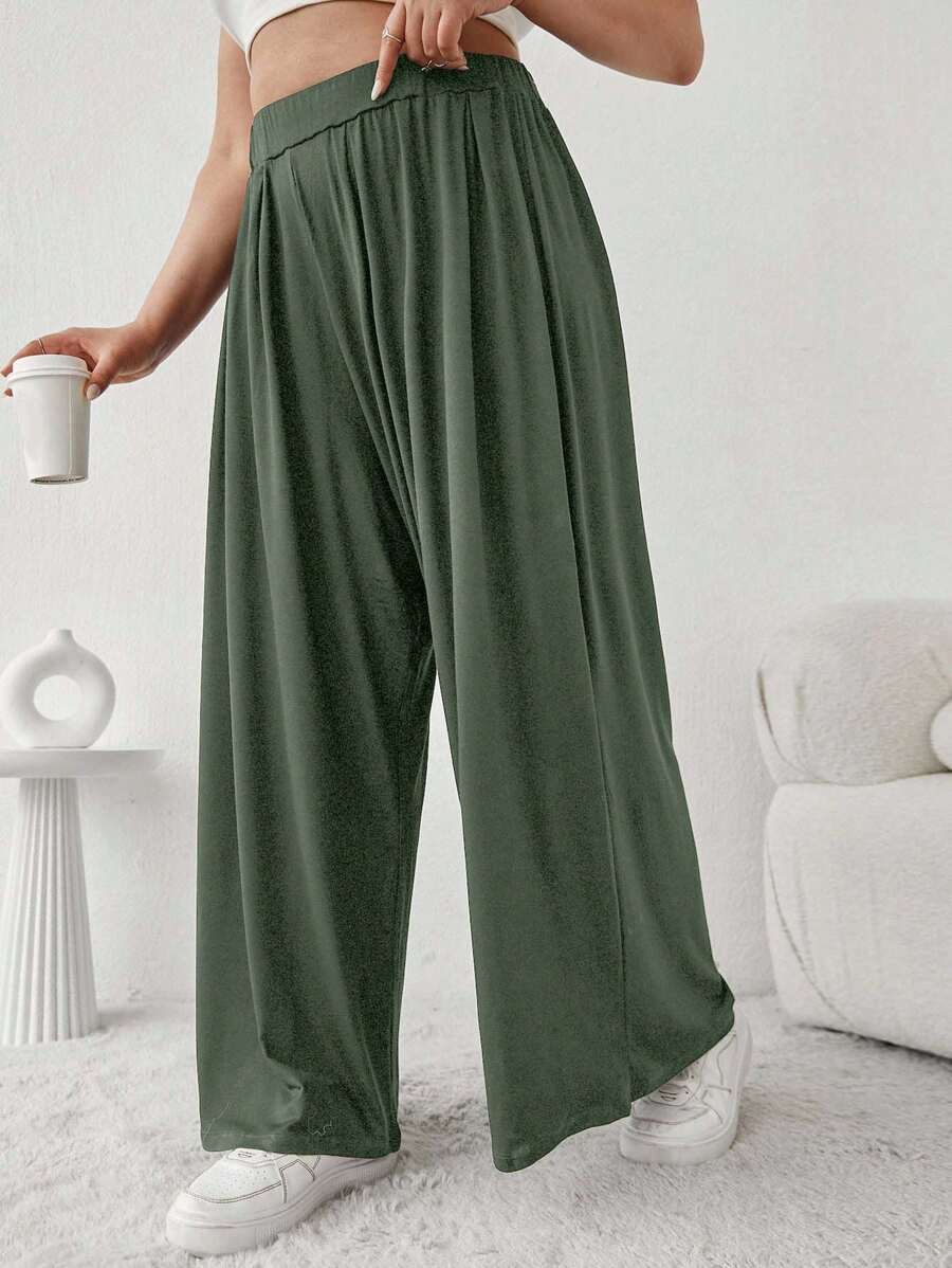 EURMUSE Plus Solid Strechy Viscose Fabric Wide Leg Pull On Summer Pants - Army Green - View 1
