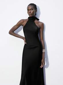 Maija 女士无袖露背纯色连衣裙，现代都市优雅设计，性感优雅，适合夏季，情人节 - 黑色 - 查看 4