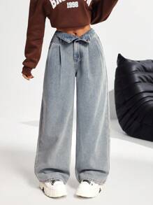 Jeans sueltos de mezclilla azul nostálgica con diseño de doble cintura con volantes, ropa casual de moda vintage y cool de estilo Y2K para niñas preadolescentes, ropa suave para uso diario, ropa de otoño e invierno para niñas preadolescentes, atuendos para regreso a clases, homecoming, rave, festivales y playa, ropa de calle y escolar