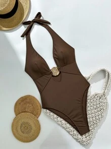 Swim SXY 女式夏季纯色深V领金属装饰性感连体泳衣 - 咖啡棕 - 查看 3
