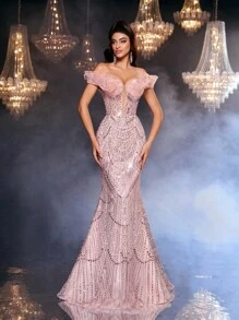 Glamrae Váy đuôi cá hoa đính cườm organza hở vai sang trọng thanh lịch, hở lưng gợi cảm, thích hợp cho đám cưới, tiệc tùng, vũ hội, tiệc tối (đính kèm nhiều họa tiết) - Bụi hồng - Xem 2