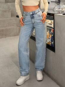 EURMUSE 女式中腰口袋阔腿宽松休闲百搭牛仔裤 - 中等水洗藍 - 查看 7