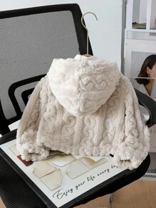 SHEIN Giacca corta in pile color albicocca casual per ragazze, con chiusura lampo frontale, motivo a cuori, cardigan con cappuccio carino per autunno/inverno