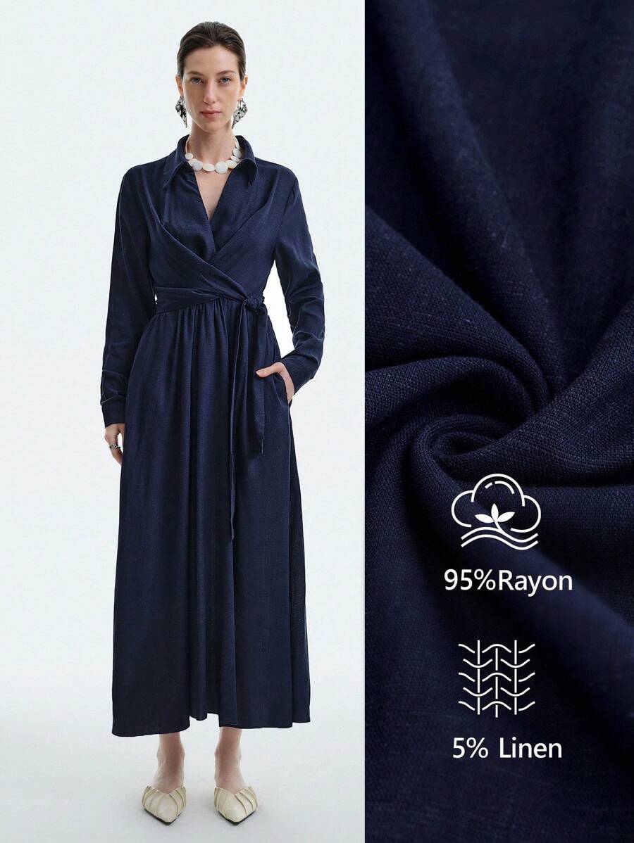 Lyxana 女士春夏法式优雅简约高端办公室/通勤/休闲/度假竹纤维舒适衬衫领 V 领收腰交叉领带褶皱口袋喇叭下摆长袖长裙 - 藏蓝色 - 查看 1
