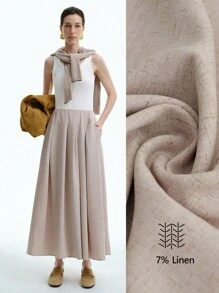 SHEIN LUNE 女士亚麻休闲褶皱阔腿裤，带口袋，浅卡其色，初秋 - 卡其色 - 查看 2