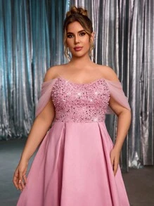 Glamrae 加大码优雅浪漫奢华莲花粉色奢华亮片设计串珠刺绣网眼拼布不对称领口褶皱长裙，适合晚会、单身派对、约会、舞会、度假、毕业典礼、婚礼、正式场合（重度装饰） - 藕粉色 - 查看 4