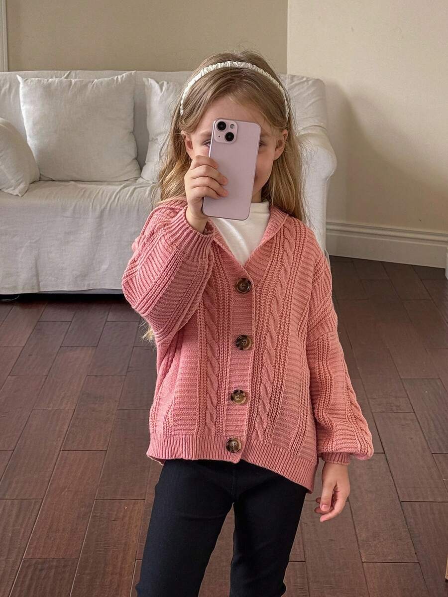 SHEIN Chaqueta de punto con capucha de unicolor informal para niña en otoño/invierno - Rosa - Ver 1