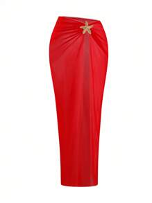 Swim Oasis Plus Size Women's Premium Oasis 2-Piece Red V-Neck Ruched Fitted Swimsuit With Matching Red High Slit Maxi Skirt, Summer Beach Vacation - Red - View 5