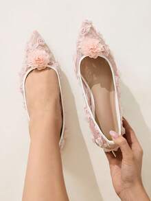 CUCCOO CHICEST 女士花卉尖头平底鞋，优雅甜美浪漫时尚舒适腮红粉色网眼礼服鞋，新娘婚礼宾客平底鞋，芭蕾平底鞋，适合婚礼、派对、约会、洛丽塔、生日、情人节 - 粉色 - 查看 3