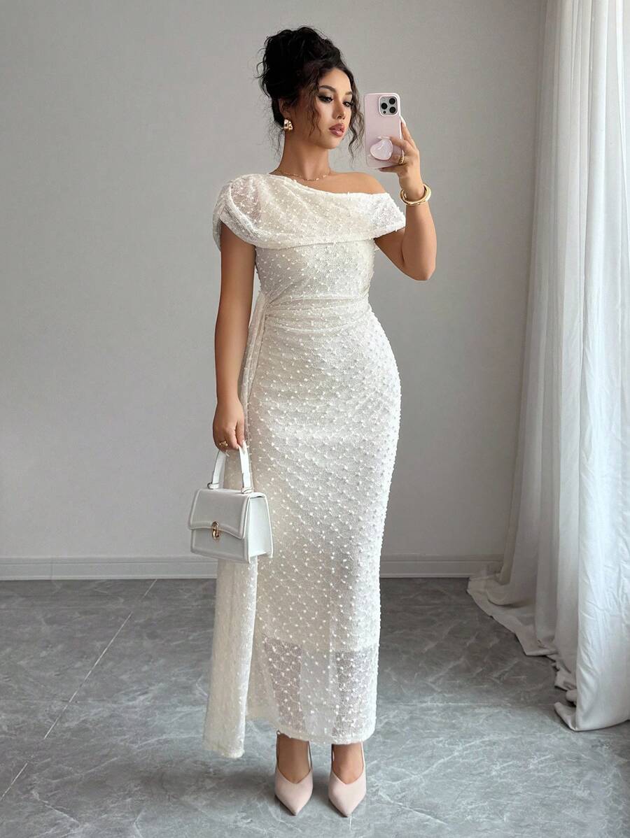 Elenzga 女式性感针织镂空毛绒球优雅紧身长裙，夏季 - 杏色 - 查看 1