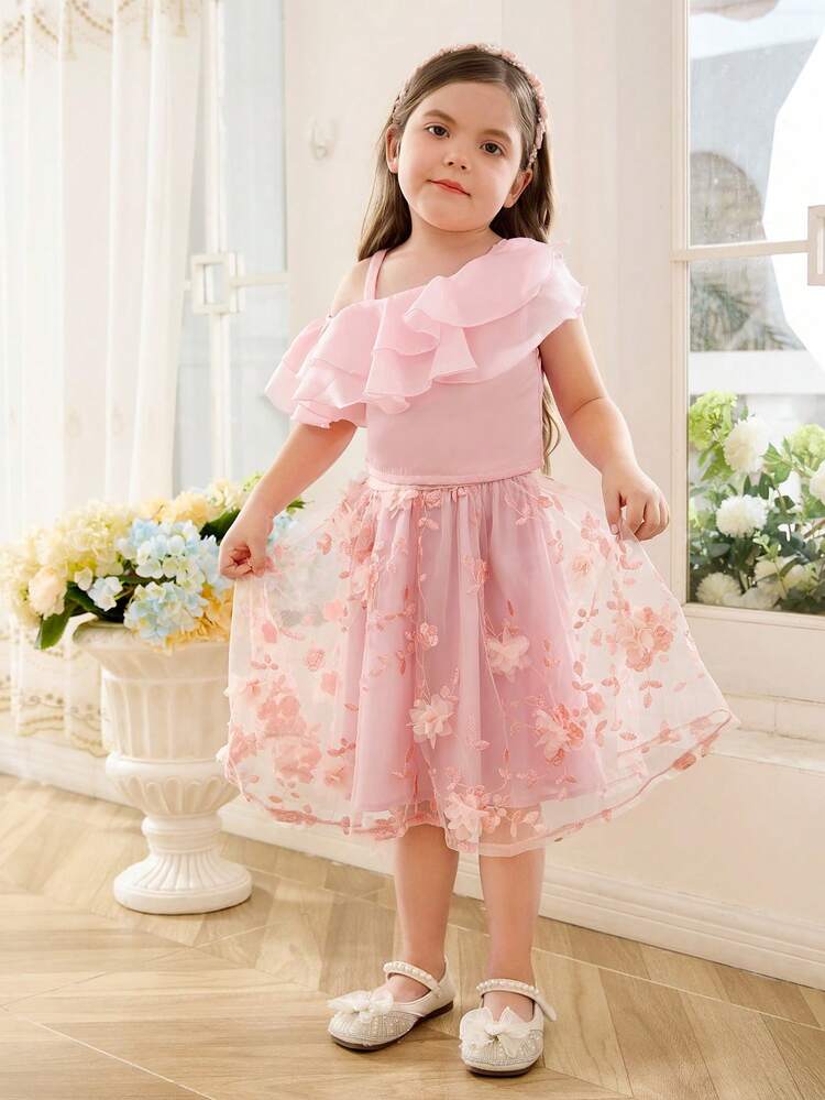 DRMZ Kids Young Girl Oblique Shoulder Double Layered Ruffle Decor Top With Mesh Embroidered Skirt Cottage Core Two Pieces Set
