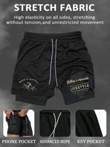 Manfinity Sport Corelite 男士字母印花抽绳腰运动短裤 - 黑色 - 查看 4