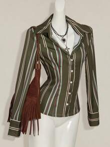 SHEIN ICON 休闲通勤条纹腰长袖衬衫 - 彩色 - 查看 5