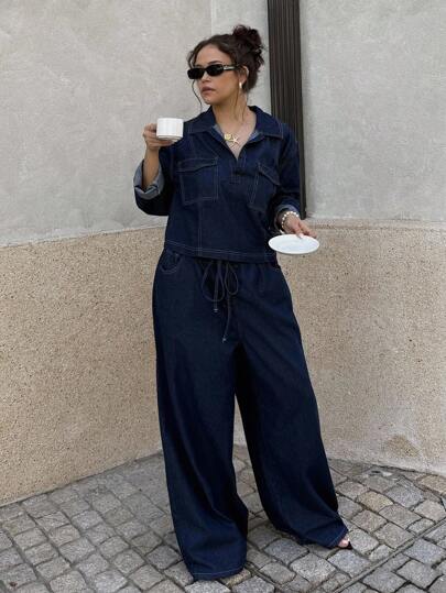 Dripcurv Plus-Size Women's All-Season Long-Sleeved Cargo Pocket Top And Pants Casual Denim Two Pieces Set, New Year's Outfit, Old-Money Style.