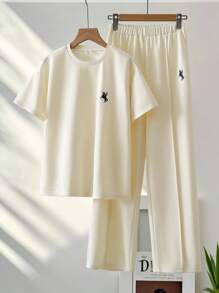 Sparklyn 2 件套青少年女孩休闲运动套装，宽松百搭刺绣短袖上衣 + 长裤套装，适合居家、上学和日常穿着