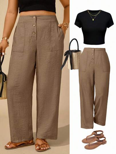 Linhara 大码休闲度假风宽松纽扣口袋装饰七分裤