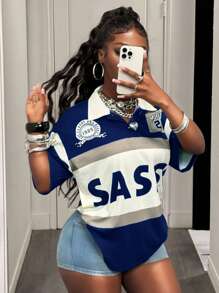 Slaydiva 2025新款春夏休闲街头学院风翻领POLO领短袖撞色杏色领落肩俏皮字母印花条纹25数字复古图案印花杏绿色针织女T恤-A - 藍色 - 查看 4