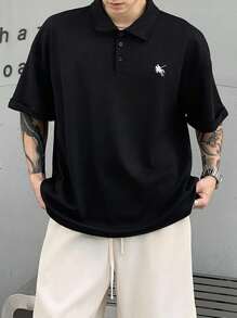 Manfinity Dauomo 男士刺绣黑色纽扣休闲宽松短袖 Polo 衫 - 黑色 - 查看 1