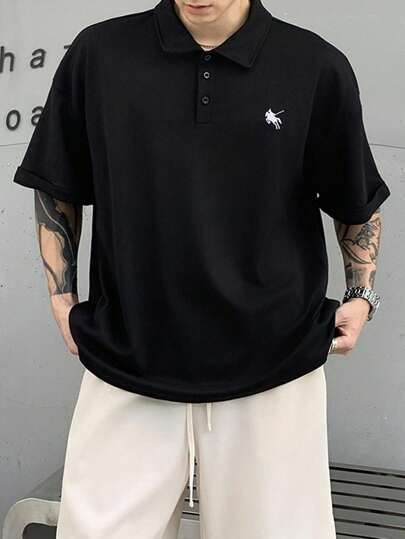 Manfinity Dauomo 男士刺绣黑色纽扣休闲宽松短袖 Polo 衫