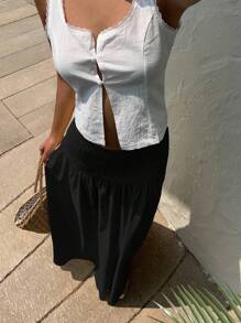 SHEIN EZwear 大码休闲宽松黑色长裙，夏季假日 - 黑色 - 查看 3