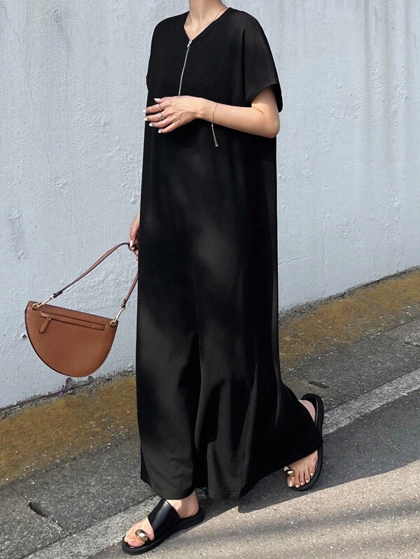 FRIFUL Women's Metal Zipper Casual Solid Color Loose Summer Short Sleeve Dress, Vacation & Graduation