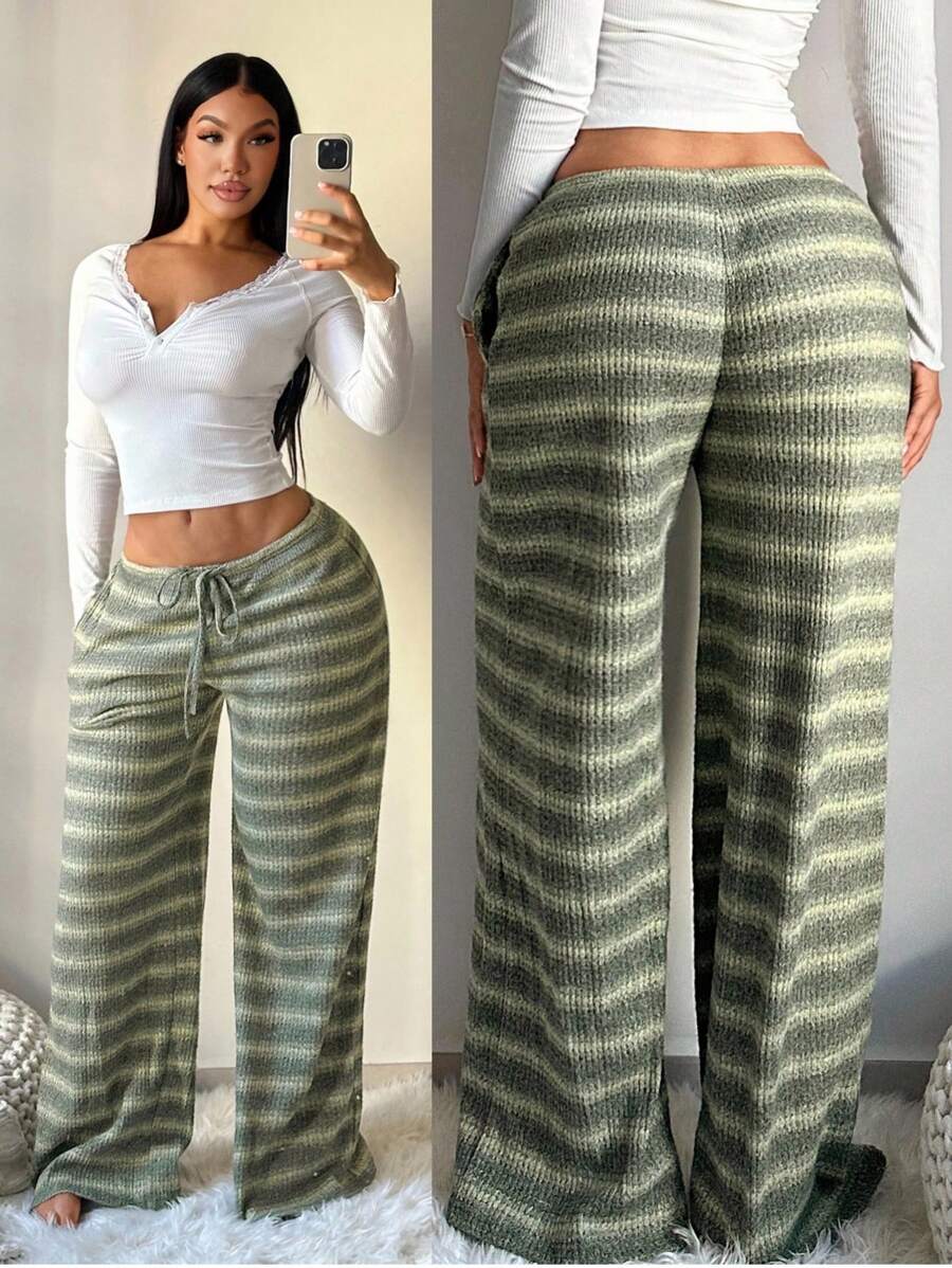SHEIN SXY Women's Comfortable Casual Simple Low Waist Drawstring Wide Leg Pants Striped Pants Set Comfy Pants Set Women Lounge Pants Set - Multicolor - View 1