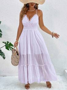 Flirla Plus Size Women Holiday Style Textural Cami Ruffled Collar Elastic Waist Dress - Purple - View 1