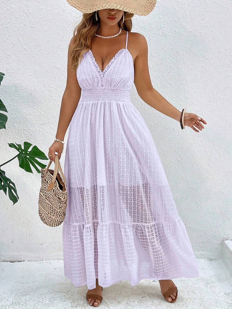 Flirla Plus Size Women Holiday Style Textural Cami Ruffled Collar Elastic Waist Dress - Purple - View 1