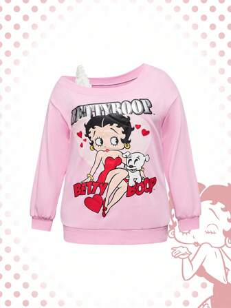 Betty Boop | ROMWE Plus Size Cartoon Figure Graphic Contrast Lace Asymmetrical Neck Loose Sweatshirt
