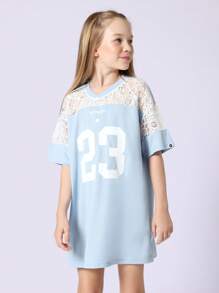 SUMWON Lace Panel Jersey T-Shirt Dress Number 23 Sports Style Varsity Loose Fit Casual Spring Summer Daily Wear Youth Fashion Comfortable Streetwear - Multicolor - View 3