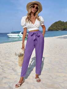 Women's High Waist Drawstring Loose Elastic Waist Casual Vacation Pants - Lilac Purple - View 5