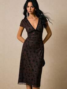 Poéselle Women's Elegant Floral Print Mesh Midi Dress, Summer ,Fall Wedding Guest Dress - Brown - View 7