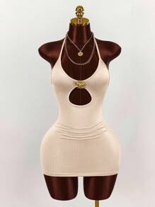 Amplova 2025 New Casual Sexy Low-Cut Front Hollow-Out Textured Mini Dress For Women Dress In Apricot Cut Out Dress,Party Dress - Apricot - View 1