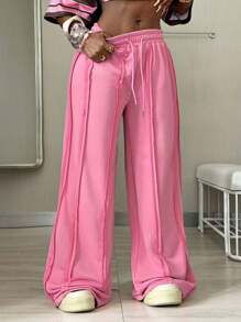 Coolane 女士秋季音乐会狂欢节 Y2K 街头服饰复古粉色阔腿运动裤 - 粉色 - 查看 1