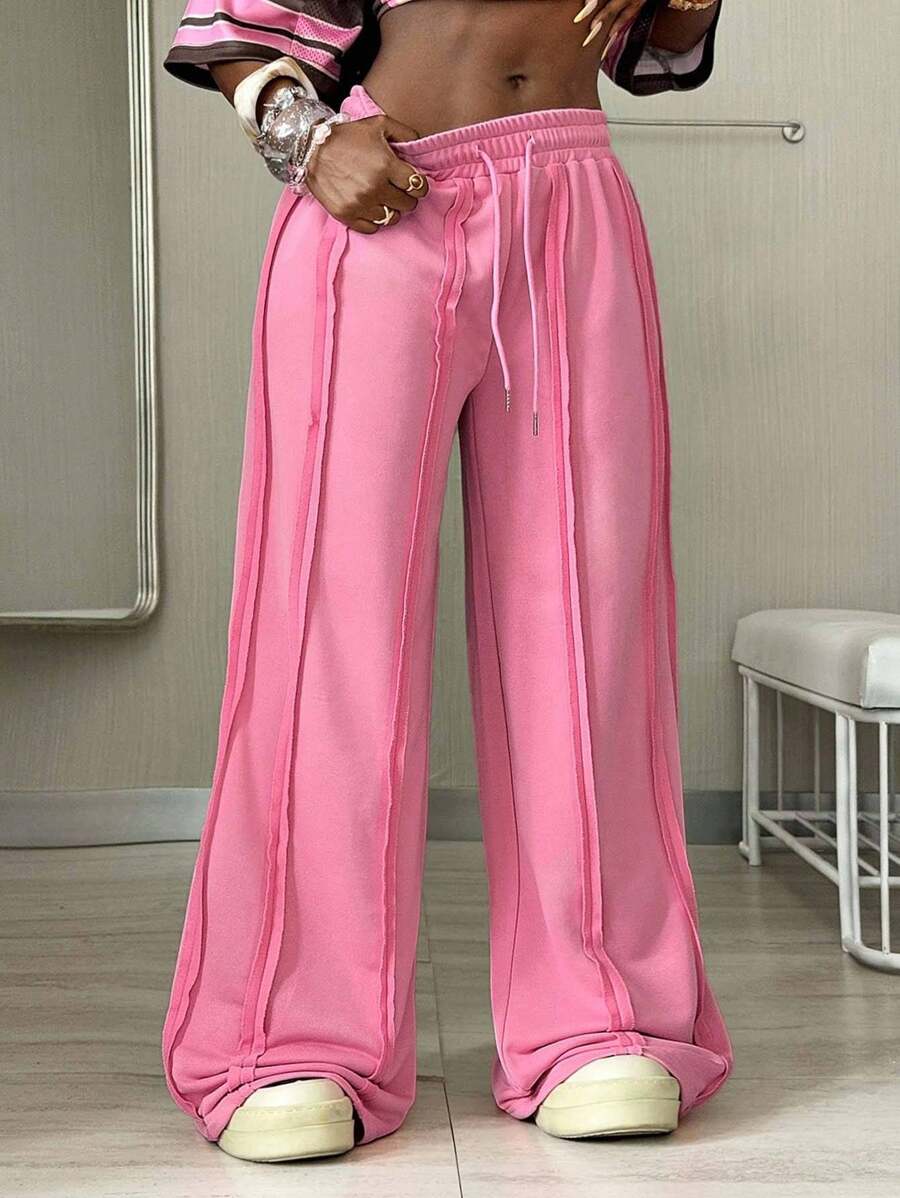 Coolane 女士秋季音乐会狂欢节 Y2K 街头服饰复古粉色阔腿运动裤 - 粉色 - 查看 1