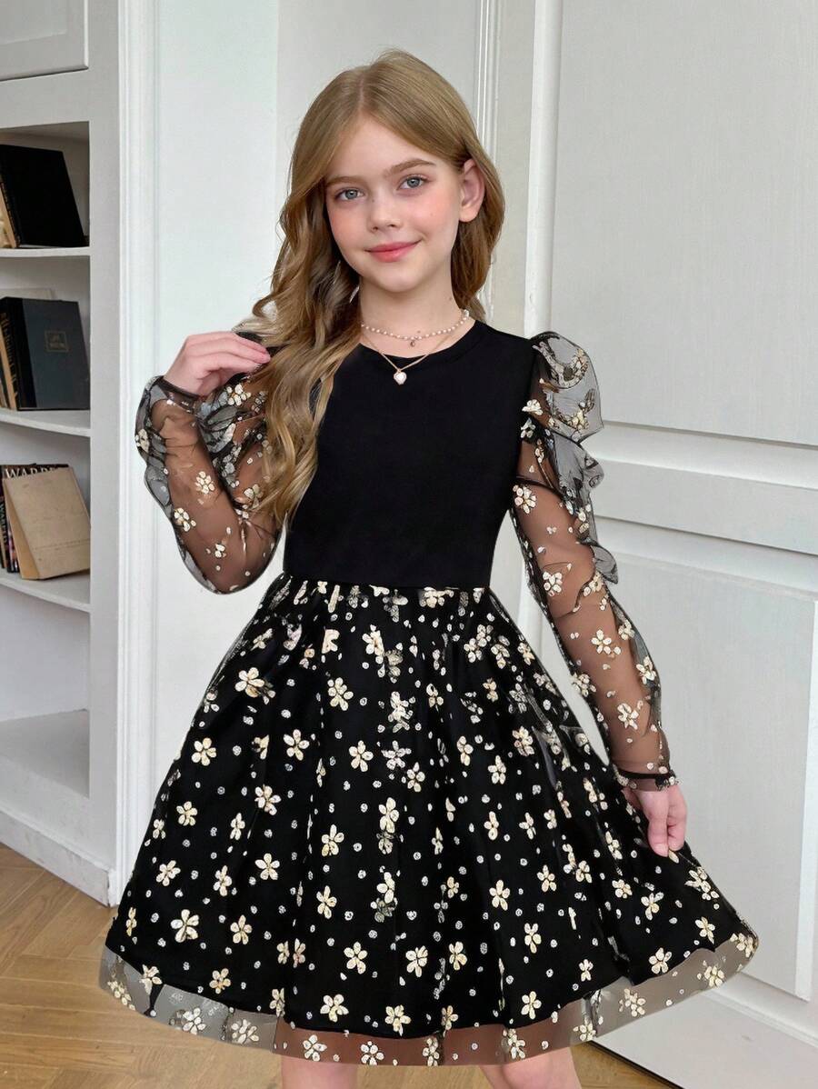 SHEIN 青少年女孩合身休闲简约舒适圆领落肩 A 字中长连衣裙