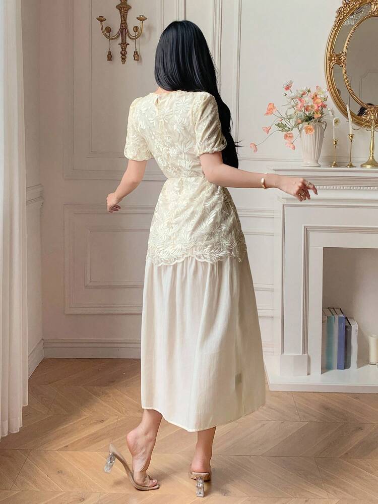 Elegant Lace Patchwork Round Neck Mid-Length Dress For Women Summer Women Dresses Maxi Dress