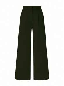 SHEIN LUNE 女士纯色褶皱阔腿宽松休闲裤 - 墨綠色 - 查看 1