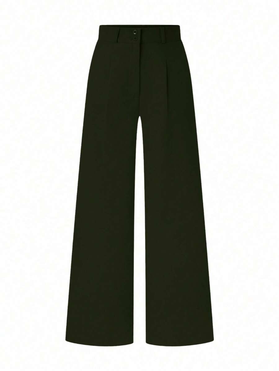 SHEIN LUNE 女士纯色褶皱阔腿宽松休闲裤 - 墨綠色 - 查看 1