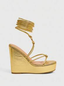 CUCCOO SZL 女士高跟厚底时尚凉鞋，夏季圣诞节春季鞋履 - 金色 - 查看 3