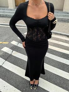 Siren Gaze Old Money Dress Date Night Dress Dresses For Wedding Guest Women's Black Lace Patchwork Fishtail Dress With Long Sleeves Solid Color Contrast Lace Long Sleeve Pleated Fitted Elegant Dress