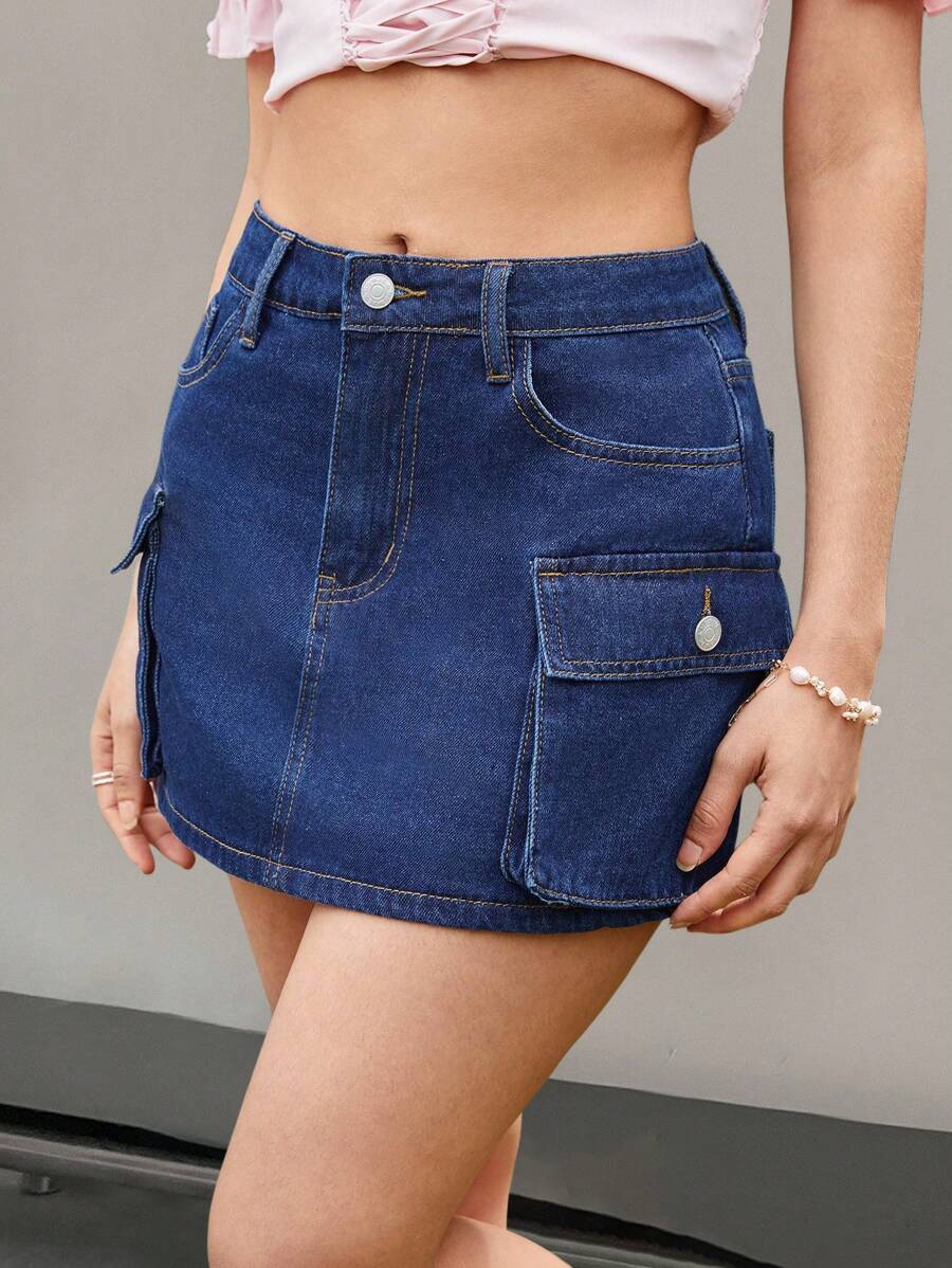 SHEIN MOD Flap Pocket Denim Skirt - Dark Wash - View 1
