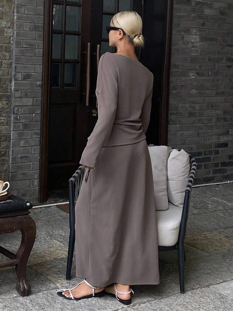 2pcs Women Casual Elegant Solid Color Loose Pleated Long Sleeve Top And Asymmetric Hem Skirt Set, Autumn/Winter Lounge Sets For Women