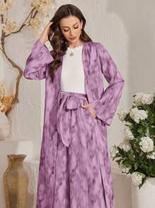 Al Najma 女士扎染长袖长袍和阔腿裤休闲两件套 - 紫色 - 查看 4