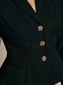 Poéselle 结构化荷叶边西装外套，搭配金色纽扣和束腰 | 量身定制的黑色办公室时尚夹克，女士办公室，万圣节，女士优雅纯色薄款西装外套，适合通勤，老钱风格，简约时尚，低调奢华夹克，办公室时尚，女士合身西装外套，女士秋季 - 黑色 - 查看 5