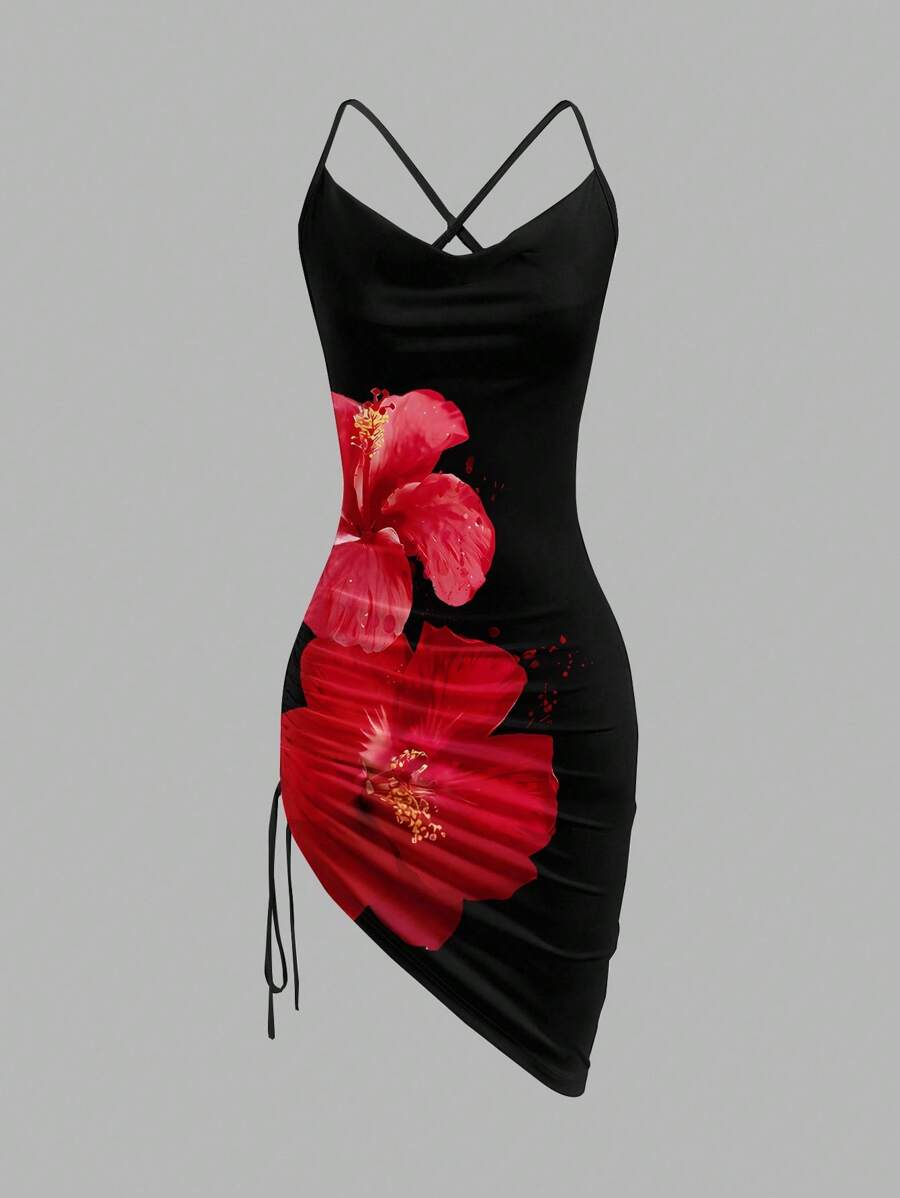 Firerie Red Hibiscus Print Pattern Mini Bodycon Cami Dress, Asymmetrical Hem With Drawstring, Suitable For Holidays, Music Festivals, Beach Vacation, Romance, Summer Miami Girl, Club Outfits Suitable For Going Out Chic Dress - Multicolor - View 1